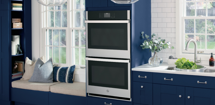 blue cabinets double wall oven