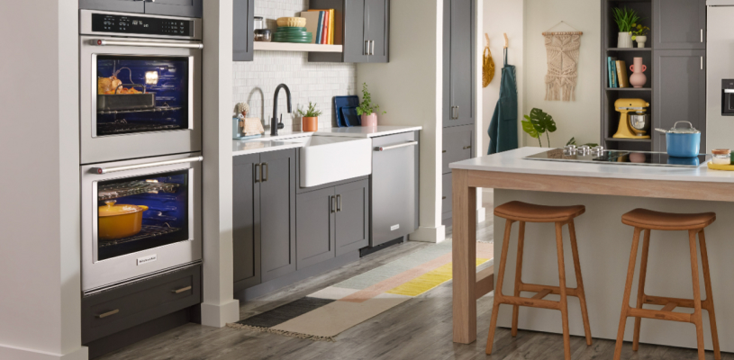 grey cabinets double wall oven
