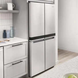 grey cabinets and french door refrigerator